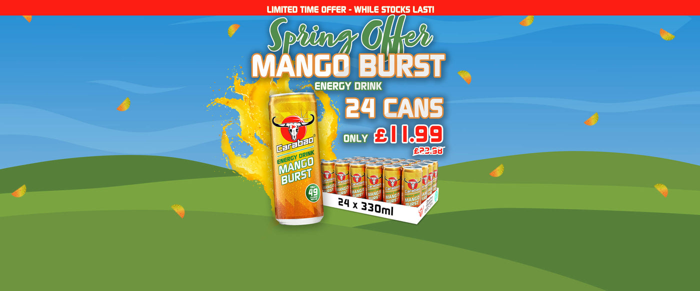 Mango Burst Carabao Energy Drink Limited Time Offer - 24 Cans for £11.99